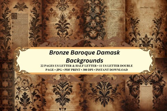 Embrace Dark Academia with Bronze Baroque Damask Backgrounds